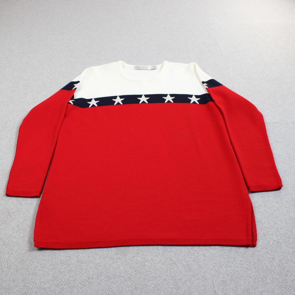 Karen Lessly Sweater Women Petite Medium Red Stars Flag Patriotic USA American
